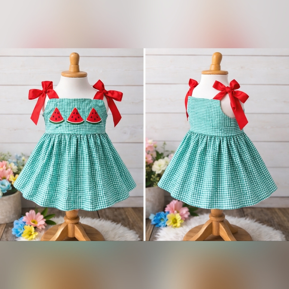 Girls 3T Watermelon Gingham Sundress Red Bow Tie Straps Green Check Summer Dress